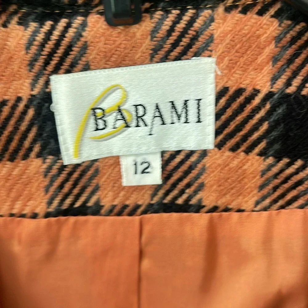 Vintage BARAMI 100% WOOL COAT BLAZER SZ 12 FULLY LINED BLACK ORANGE HOUNDSTOOTH - Picture 14 of 17